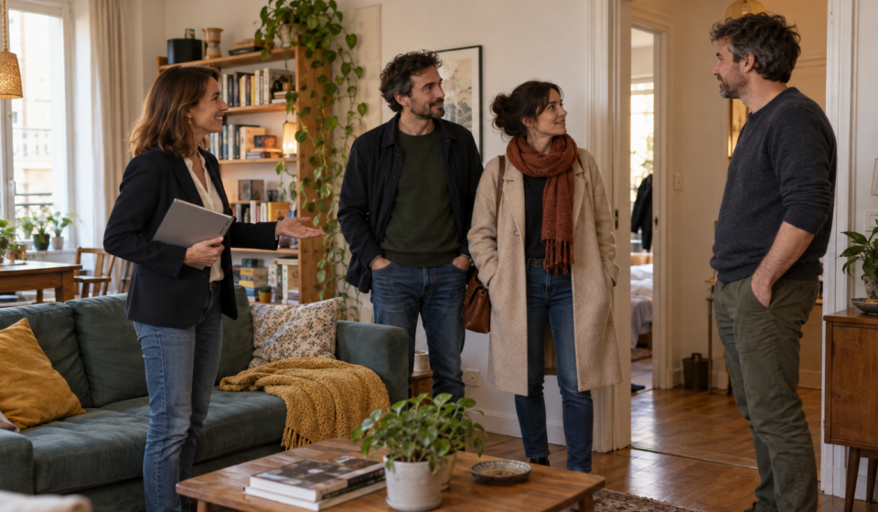 Vendre un logement occupé : comment organiser les visites sans tendre les relations ? Une agente immobilière accompagne un couple lors d’une visite d’appartement, en présence de l’occupant.