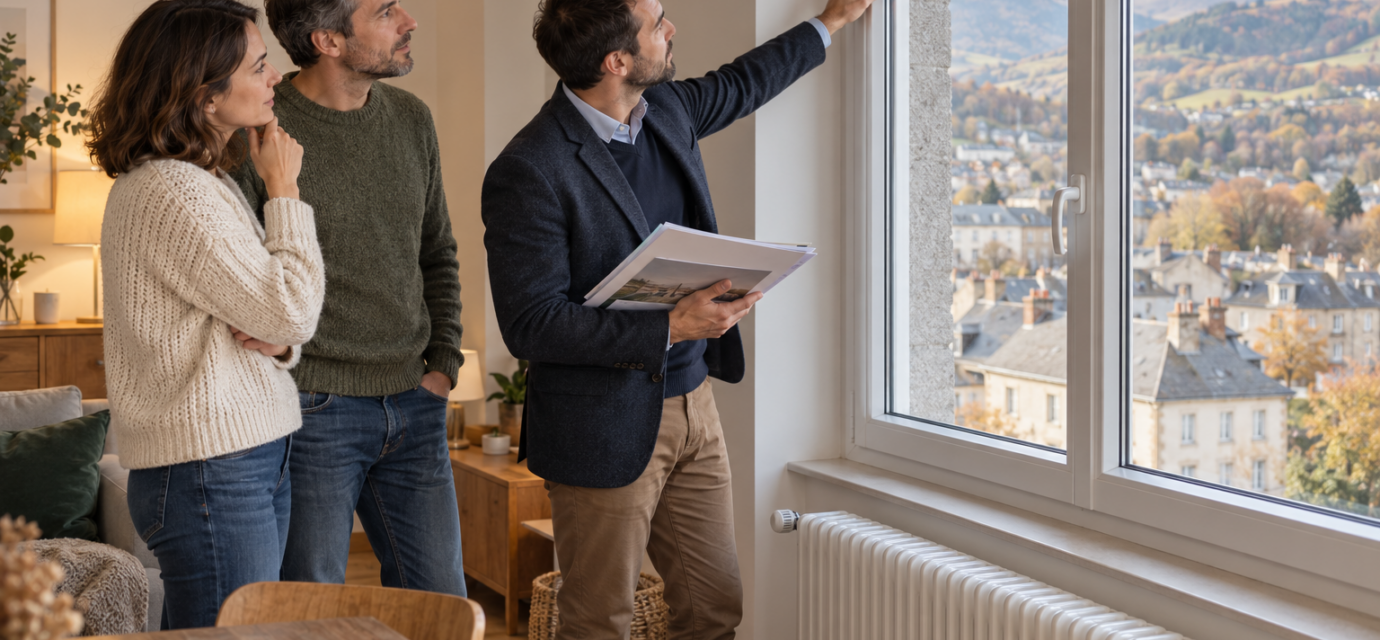 Vivre à Aurillac : comment intégrer le confort d’hiver dans son budget immobilier ? Un couple et un conseiller immobilier examinent une fenêtre et un dossier dans un logement.