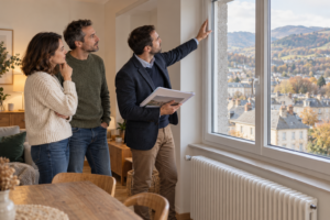 Un couple et un conseiller immobilier examinent une fenêtre et un dossier dans un logement.
