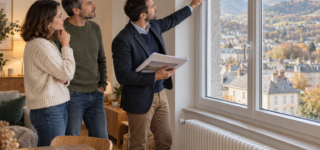 Un couple et un conseiller immobilier examinent une fenêtre et un dossier dans un logement.