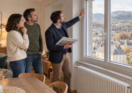 Un couple et un conseiller immobilier examinent une fenêtre et un dossier dans un logement.