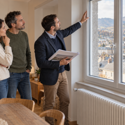 Vivre à Aurillac : comment intégrer le confort d’hiver dans son budget immobilier ? Un couple et un conseiller immobilier examinent une fenêtre et un dossier dans un logement.