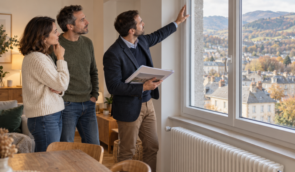 Un couple et un conseiller immobilier examinent une fenêtre et un dossier dans un logement.