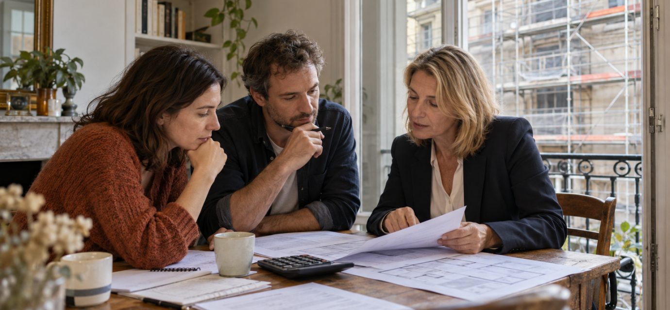 Un couple examine des documents avec une professionnelle dans un appartement, devant une façade équipée d’échafaudages.
