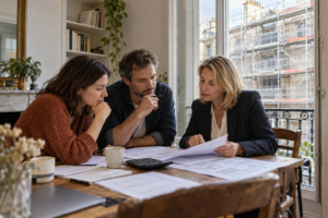 Un couple examine des documents avec une professionnelle dans un appartement, devant une façade équipée d’échafaudages.
