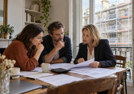 Un couple examine des documents avec une professionnelle dans un appartement, devant une façade équipée d’échafaudages.