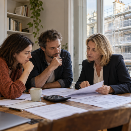 Un couple examine des documents avec une professionnelle dans un appartement, devant une façade équipée d’échafaudages.