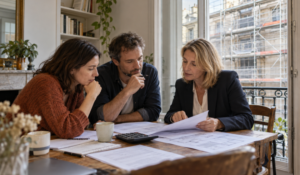 Un couple examine des documents avec une professionnelle dans un appartement, devant une façade équipée d’échafaudages.