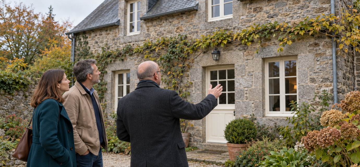 Un couple et un professionnel observent la façade en pierre et la toiture d’une maison ancienne.