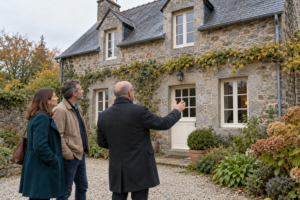 Un couple et un professionnel observent la façade en pierre et la toiture d’une maison ancienne.