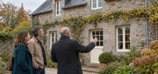 Un couple et un professionnel observent la façade en pierre et la toiture d’une maison ancienne.