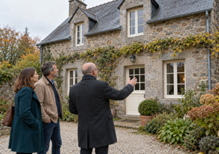 Un couple et un professionnel observent la façade en pierre et la toiture d’une maison ancienne.