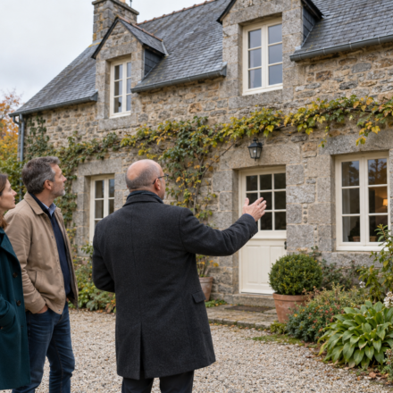 Un couple et un professionnel observent la façade en pierre et la toiture d’une maison ancienne.