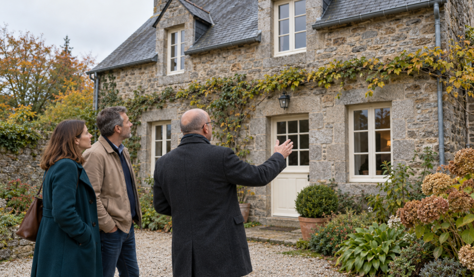 Un couple et un professionnel observent la façade en pierre et la toiture d’une maison ancienne.