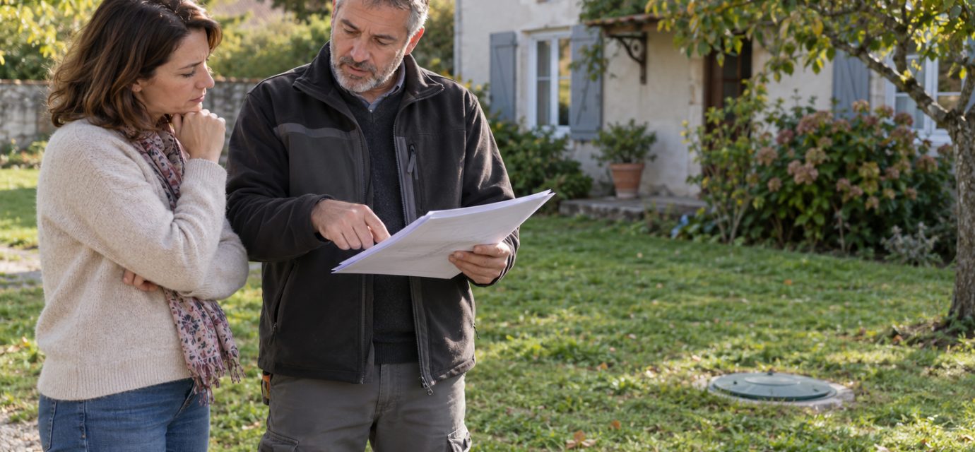 Acheter une maison avec une fosse septique : comment lire le contrôle d’assainissement ? Une femme et un professionnel examinent un document dans le jardin d’une maison, près d’un regard fermé au sol.