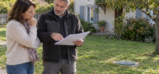 Une femme et un professionnel examinent un document dans le jardin d’une maison, près d’un regard fermé au sol.