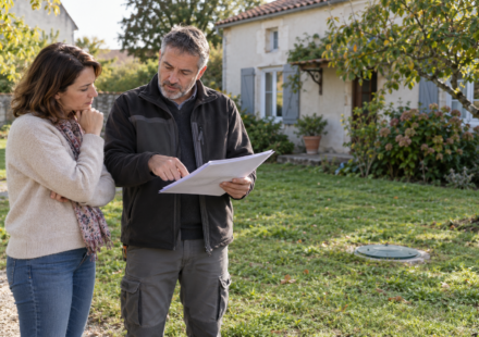 Acheter une maison avec une fosse septique : comment lire le contrôle d’assainissement ? Une femme et un professionnel examinent un document dans le jardin d’une maison, près d’un regard fermé au sol.