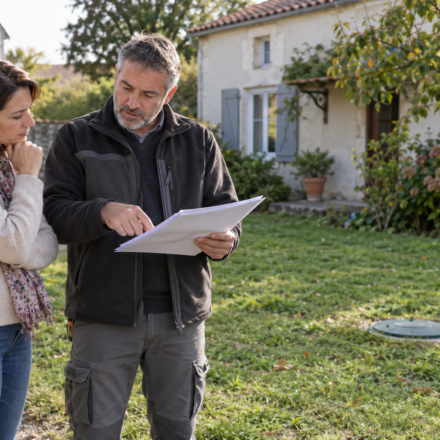 Acheter une maison avec une fosse septique : comment lire le contrôle d’assainissement ? Une femme et un professionnel examinent un document dans le jardin d’une maison, près d’un regard fermé au sol.