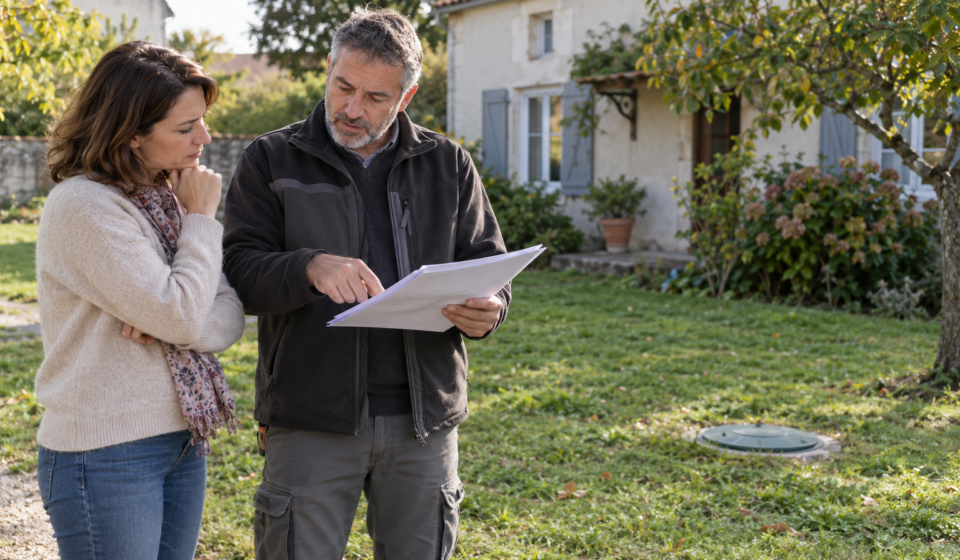 Une femme et un professionnel examinent un document dans le jardin d’une maison, près d’un regard fermé au sol.