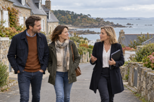 Un couple échange avec une agente immobilière dans une rue bordée de maisons en pierre, avec la mer en arrière-plan.