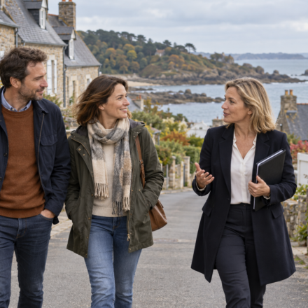 Acheter à Lannion : comment comparer proximité de l’emploi et accès au littoral ? Un couple échange avec une agente immobilière dans une rue bordée de maisons en pierre, avec la mer en arrière-plan.