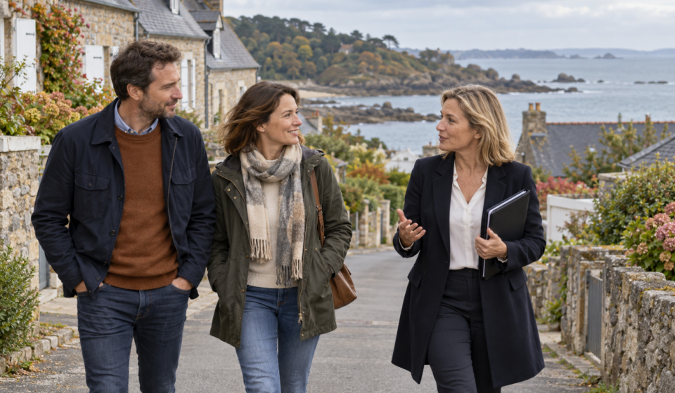 Un couple échange avec une agente immobilière dans une rue bordée de maisons en pierre, avec la mer en arrière-plan.