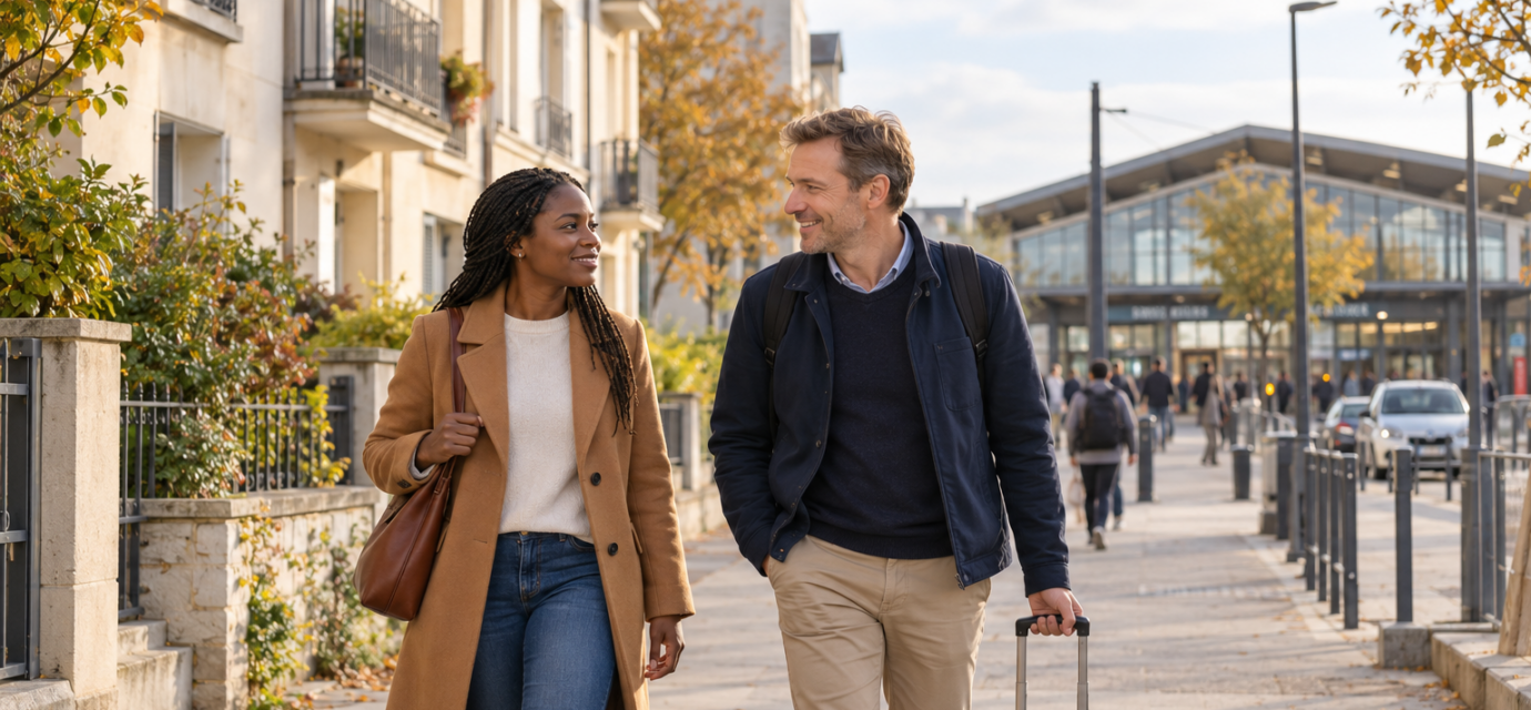 Un couple marche avec une valise dans une rue résidentielle, avec une gare en arrière-plan.