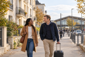Un couple marche avec une valise dans une rue résidentielle, avec une gare en arrière-plan.