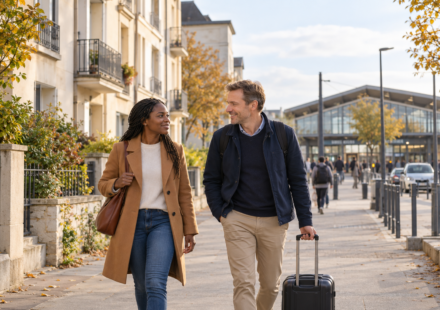 Un couple marche avec une valise dans une rue résidentielle, avec une gare en arrière-plan.