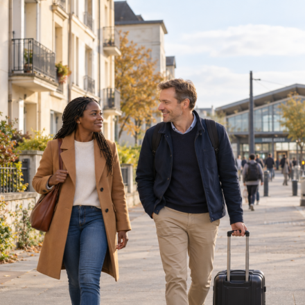 Acheter à Laval, la proximité de la gare justifie-t-elle un budget supérieur ? Un couple marche avec une valise dans une rue résidentielle, avec une gare en arrière-plan.