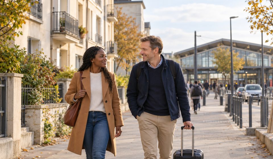Un couple marche avec une valise dans une rue résidentielle, avec une gare en arrière-plan.