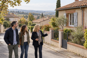 Un couple et une professionnelle observent une maison avec jardin dans une rue résidentielle aux toitures de tuiles.