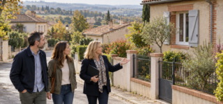 Un couple et une professionnelle observent une maison avec jardin dans une rue résidentielle aux toitures de tuiles.