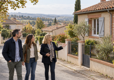 Acheter à Montauban : quels critères départagent la ville et une commune proche ? Un couple et une professionnelle observent une maison avec jardin dans une rue résidentielle aux toitures de tuiles.