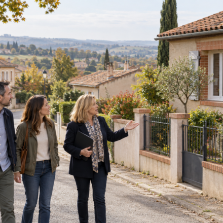 Un couple et une professionnelle observent une maison avec jardin dans une rue résidentielle aux toitures de tuiles.