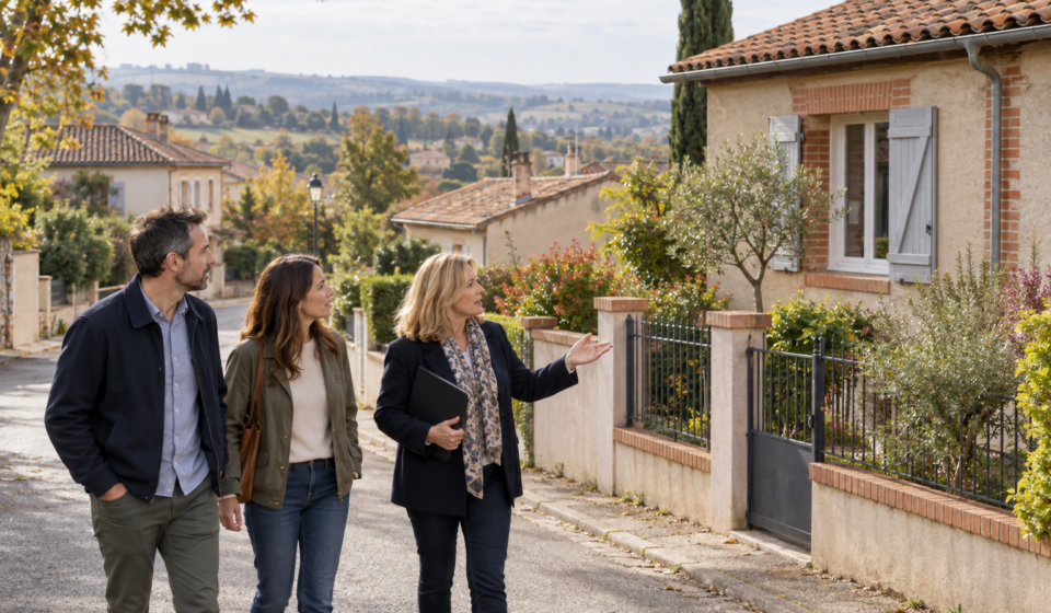 Acheter à Montauban : quels critères départagent la ville et une commune proche ? Un couple et une professionnelle observent une maison avec jardin dans une rue résidentielle aux toitures de tuiles.