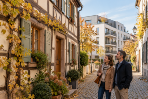 Un couple observe une façade à colombages, avec une résidence contemporaine en arrière-plan.