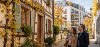 Un couple observe une façade à colombages, avec une résidence contemporaine en arrière-plan.