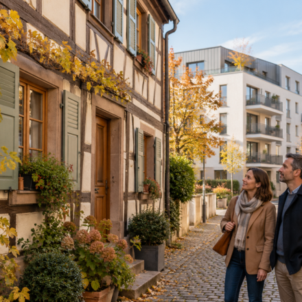 Un couple observe une façade à colombages, avec une résidence contemporaine en arrière-plan.