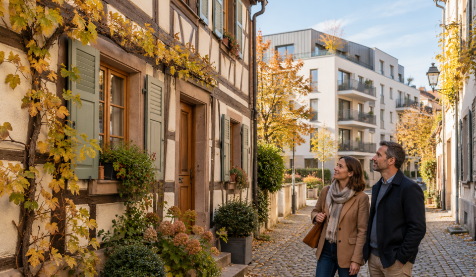 Un couple observe une façade à colombages, avec une résidence contemporaine en arrière-plan.
