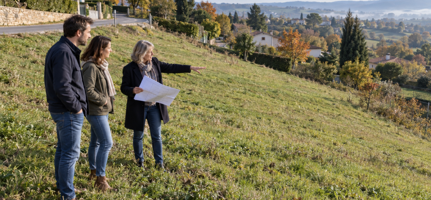 Un couple et une professionnelle avec un plan observent un terrain herbeux en pente, en contrebas d’une route.