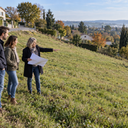 Terrain en pente : quelles dépenses faut-il chiffrer avant de signer ? Un couple et une professionnelle avec un plan observent un terrain herbeux en pente, en contrebas d’une route.