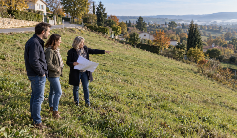 Un couple et une professionnelle avec un plan observent un terrain herbeux en pente, en contrebas d’une route.