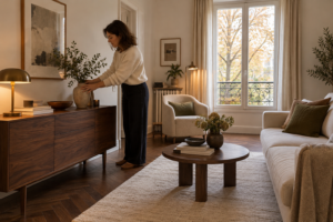 Une femme ajuste un vase sur un buffet en bois foncé dans un salon aux murs clairs, avec un canapé crème et une grande fenêtre.