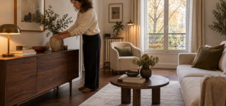 Une femme ajuste un vase sur un buffet en bois foncé dans un salon aux murs clairs, avec un canapé crème et une grande fenêtre.