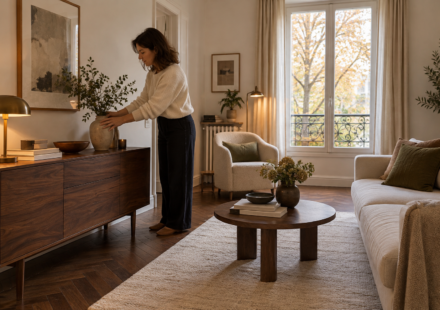 Une femme ajuste un vase sur un buffet en bois foncé dans un salon aux murs clairs, avec un canapé crème et une grande fenêtre.