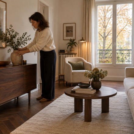 Une femme ajuste un vase sur un buffet en bois foncé dans un salon aux murs clairs, avec un canapé crème et une grande fenêtre.