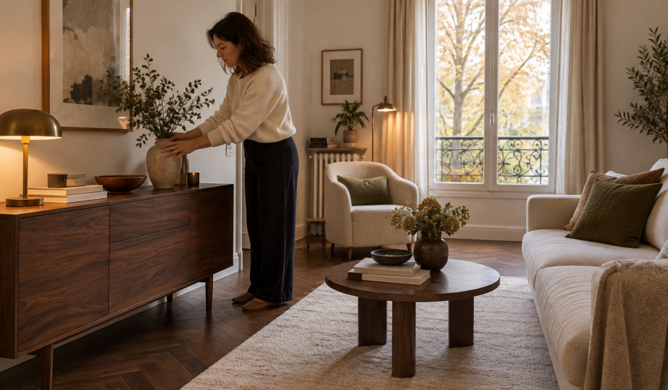 Bois foncé dans une petite pièce : comment éviter une impression d’espace rétréci ? Une femme ajuste un vase sur un buffet en bois foncé dans un salon aux murs clairs, avec un canapé crème et une grande fenêtre.