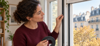 Une femme examine le joint d’une fenêtre ouverte, avec une entrée d’air dégagée au-dessus.