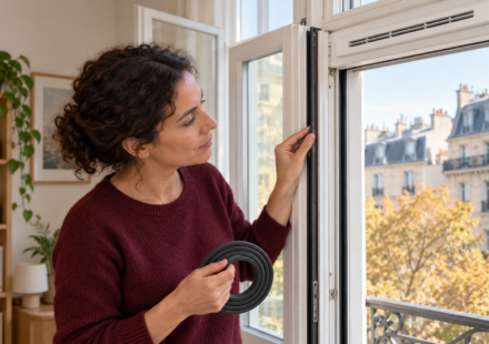 Calfeutrer les fenêtres, comment gagner en confort sans bloquer la ventilation ? Une femme examine le joint d’une fenêtre ouverte, avec une entrée d’air dégagée au-dessus.
